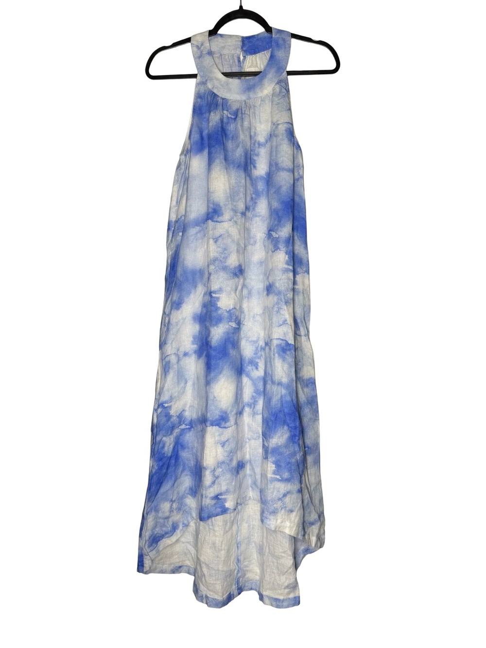 120% Lino Linen Midi Dress 44 US M Blue White Tie Dye Sleeveless Coastal Resort